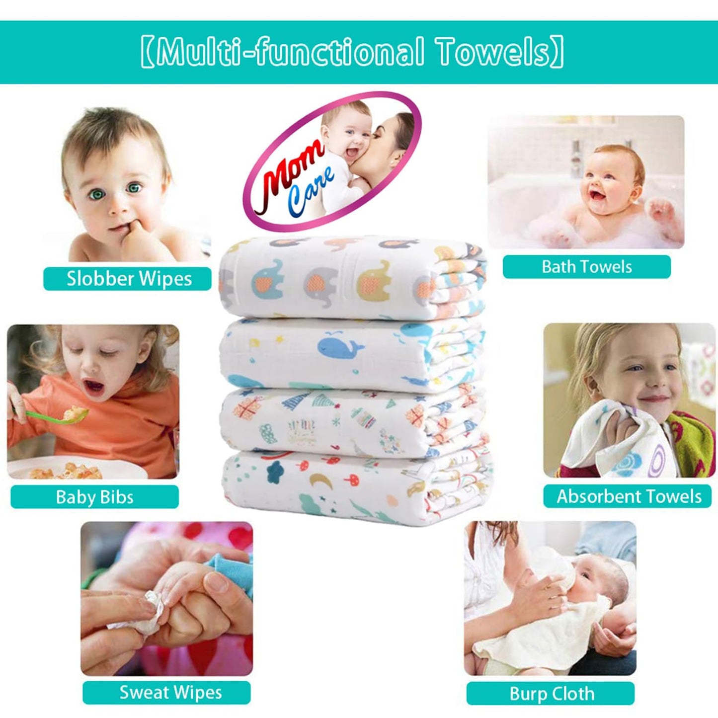 MOM CARE Muslin Cotton Face Towels For Newborn Baby Extra Soft Hankies Reusable Napkins For Infants Toddlers (Pack Of 5) White, 500 TC