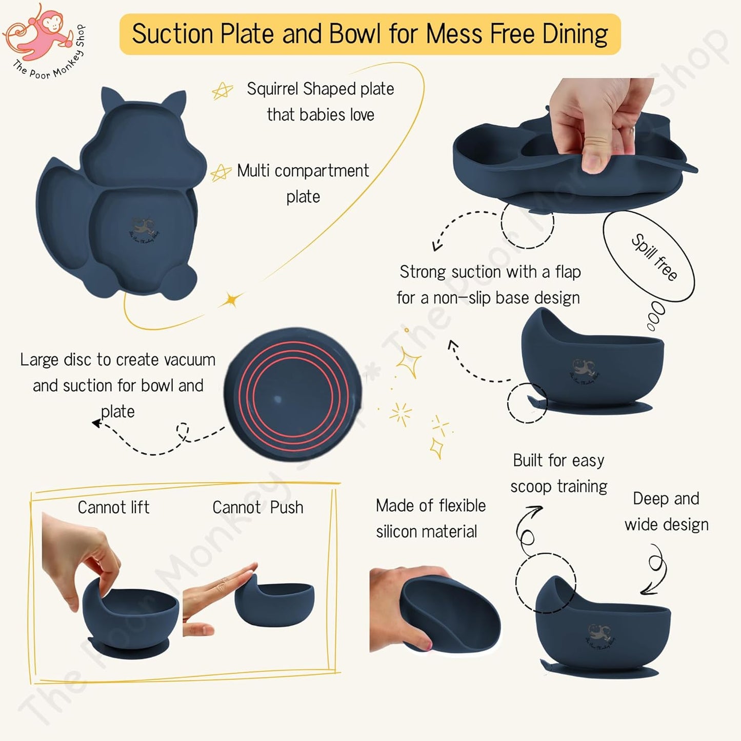 Poor-Monkey-Shop 15 Pc Baby Feeding Set | BPA-Free Food-Grade Silicone | Bib, Whale Shaped Suction Plate, Suction Bowl, Forks & Spoons, Cup, Fruit Feeder, and Much More | Safe for Babies & Toddlers