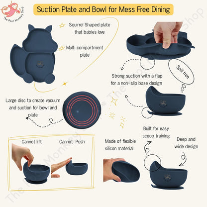 Poor-Monkey-Shop 15 Pc Baby Feeding Set | BPA-Free Food-Grade Silicone | Bib, Whale Shaped Suction Plate, Suction Bowl, Forks & Spoons, Cup, Fruit Feeder, and Much More | Safe for Babies & Toddlers