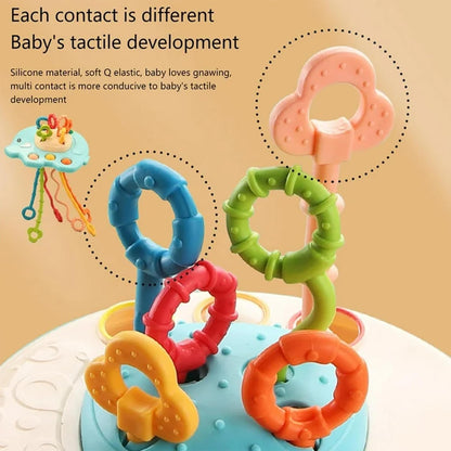 Kidology Pull String Teething Toy for Babies 6+ Months | Sensory Teether & Fine Motor Skills Activity | Montessori Toys for Baby Girls & Boys | Travel-Friendly, Food-Grade Silicone for Toddlers | UFO