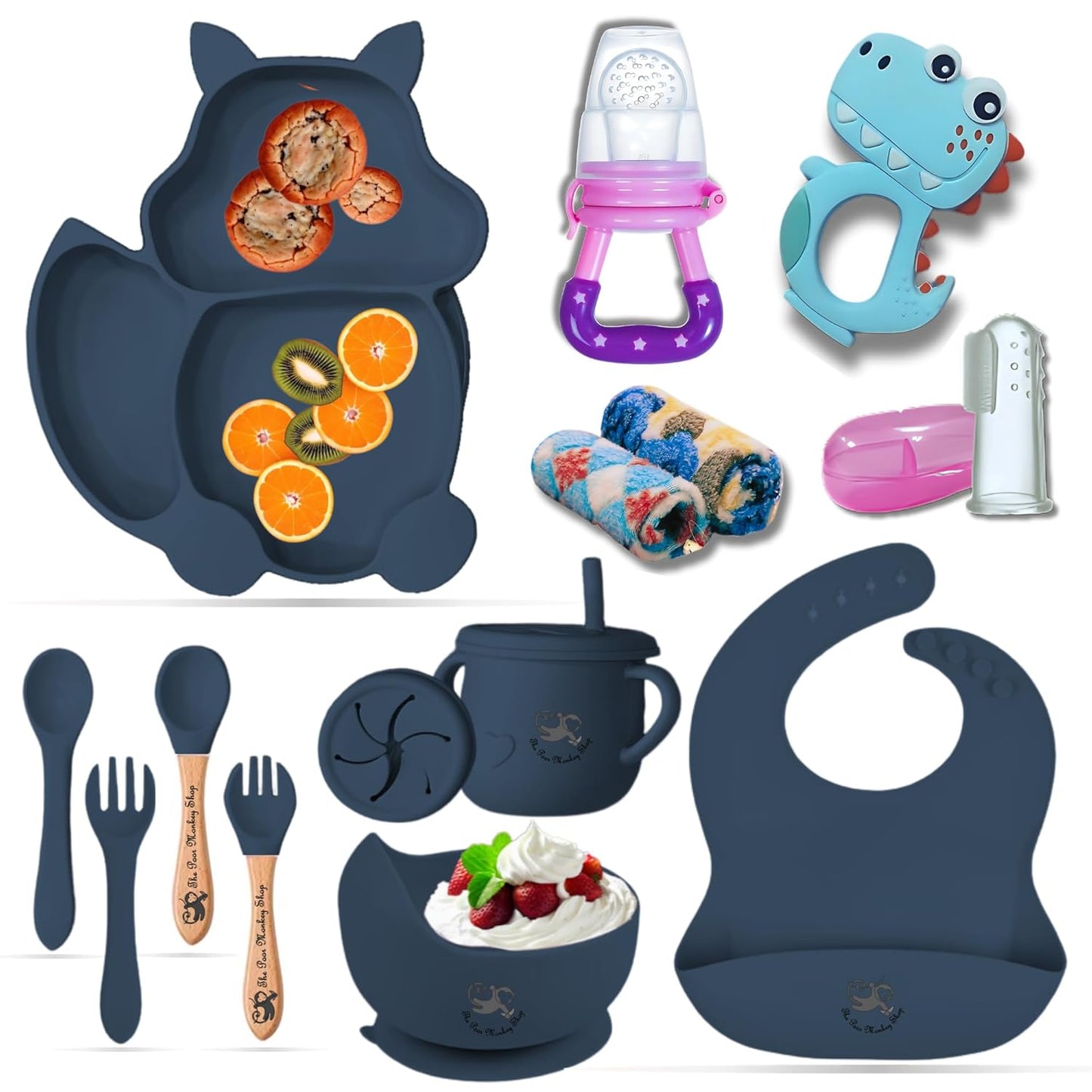 Poor-Monkey-Shop 15 Pc Baby Feeding Set | BPA-Free Food-Grade Silicone | Bib, Whale Shaped Suction Plate, Suction Bowl, Forks & Spoons, Cup, Fruit Feeder, and Much More | Safe for Babies & Toddlers