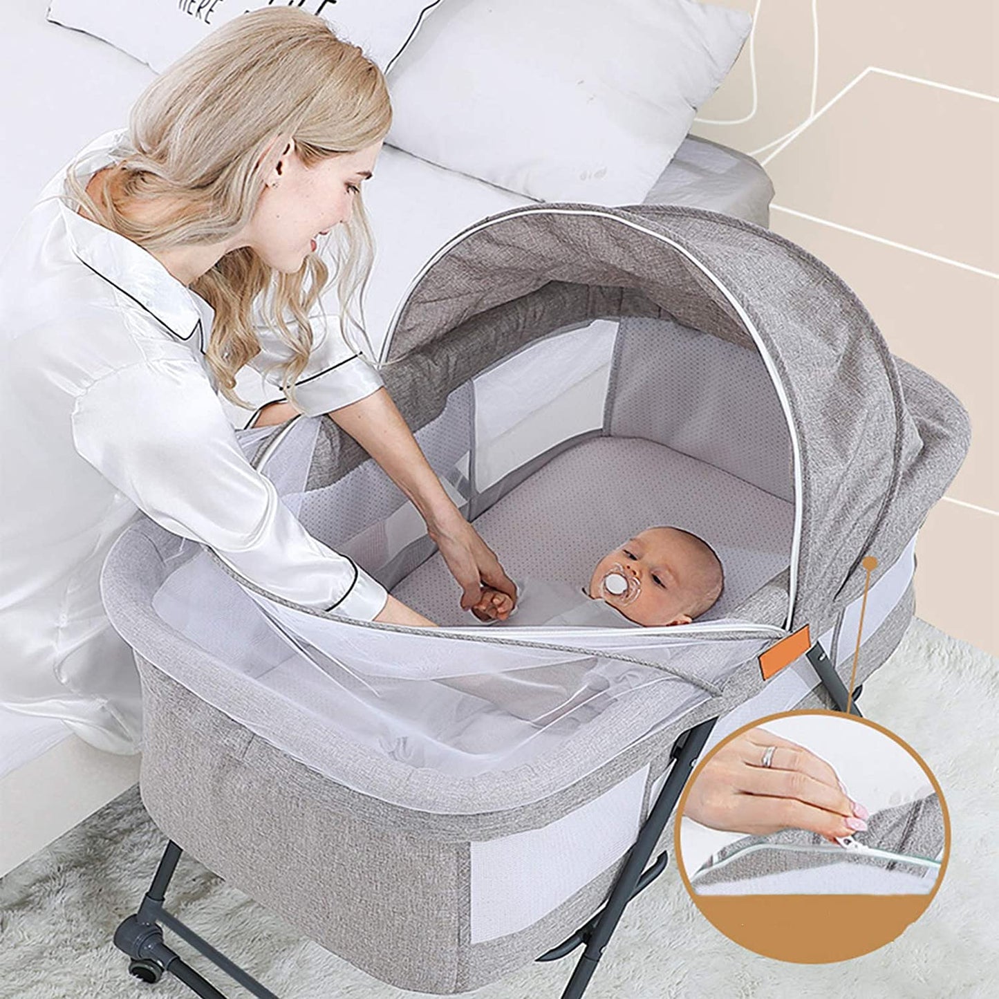 House of Quirk Cradle Crib Baby Rack, Foldable, No Assembly Required, Comes With Casters, Convenient Storage, Adjustable, Breathable, Washable, Newborn 0 Months And Up,(93 X 55 X 77 Cm, Grey) Aluminum