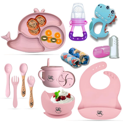 Poor-Monkey-Shop 15 Pc Baby Feeding Set | BPA-Free Food-Grade Silicone | Bib, Whale Shaped Suction Plate, Suction Bowl, Forks & Spoons, Cup, Fruit Feeder, and Much More | Safe for Babies & Toddlers
