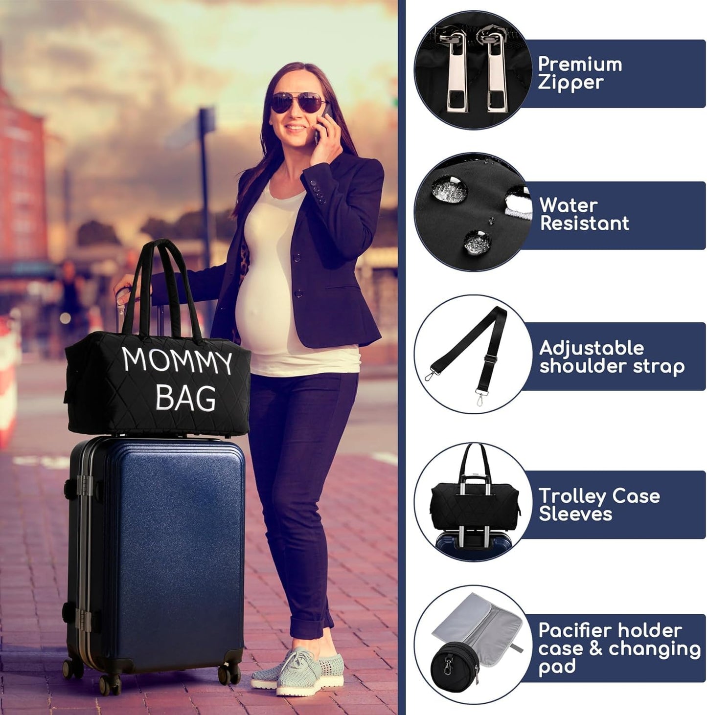 Dravina Diaper Bag for Moms, 5-Piece Set with Changing Pad, Pacifier Holder, 2 Storage Pouches & Luggage Sleeve, Stylish Maternity Backpack for Travel, Baby Essentials Organizer
