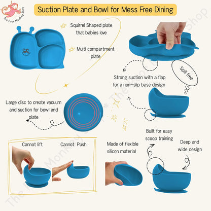 Poor-Monkey-Shop 15 Pc Baby Feeding Set | BPA-Free Food-Grade Silicone | Bib, Whale Shaped Suction Plate, Suction Bowl, Forks & Spoons, Cup, Fruit Feeder, and Much More | Safe for Babies & Toddlers