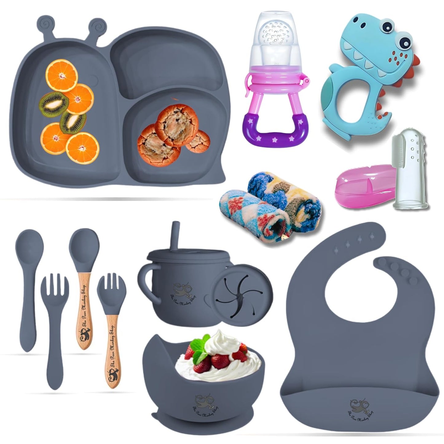 Poor-Monkey-Shop 15 Pc Baby Feeding Set | BPA-Free Food-Grade Silicone | Bib, Whale Shaped Suction Plate, Suction Bowl, Forks & Spoons, Cup, Fruit Feeder, and Much More | Safe for Babies & Toddlers