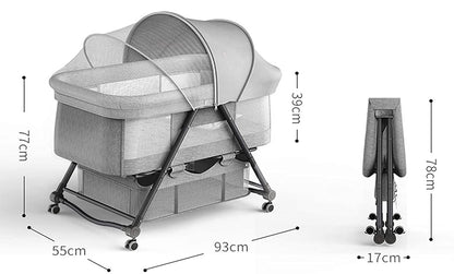 House of Quirk Cradle Crib Baby Rack, Foldable, No Assembly Required, Comes With Casters, Convenient Storage, Adjustable, Breathable, Washable, Newborn 0 Months And Up,(93 X 55 X 77 Cm, Grey) Aluminum