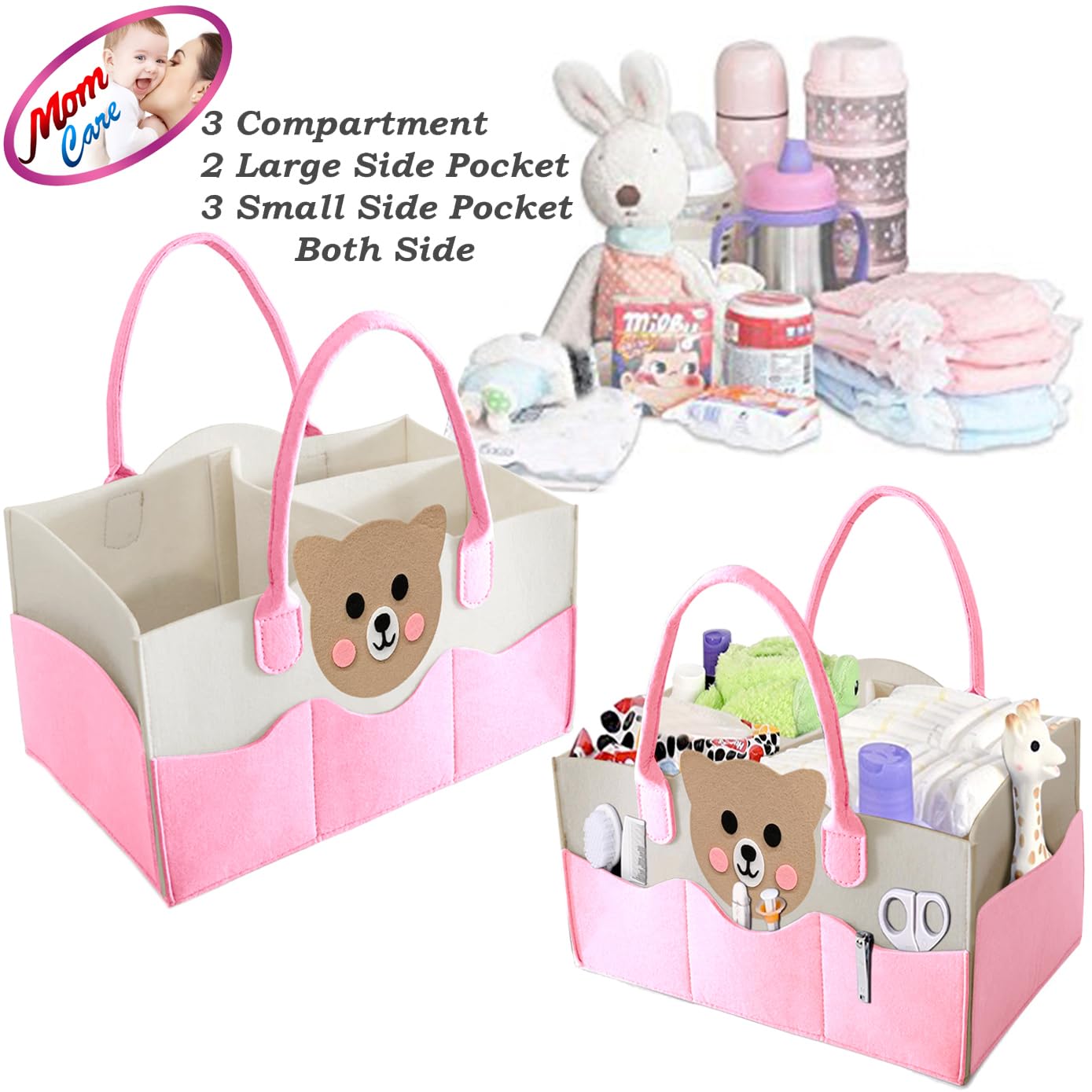MOM CARE Baby Diaper Storage Organizer Nappies Bag For Mother Stylish Storage Bag For All Newborn Baby Products Nursery Basket -Pink