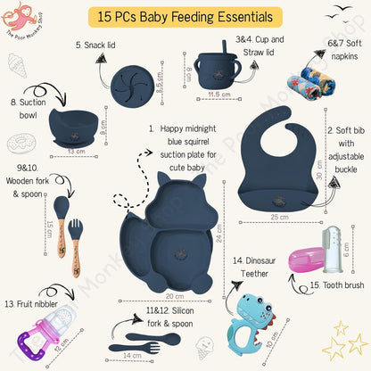 Poor-Monkey-Shop 15 Pc Baby Feeding Set | BPA-Free Food-Grade Silicone | Bib, Whale Shaped Suction Plate, Suction Bowl, Forks & Spoons, Cup, Fruit Feeder, and Much More | Safe for Babies & Toddlers