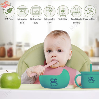 Poor-Monkey-Shop 15 Pc Baby Feeding Set | BPA-Free Food-Grade Silicone | Bib, Whale Shaped Suction Plate, Suction Bowl, Forks & Spoons, Cup, Fruit Feeder, and Much More | Safe for Babies & Toddlers