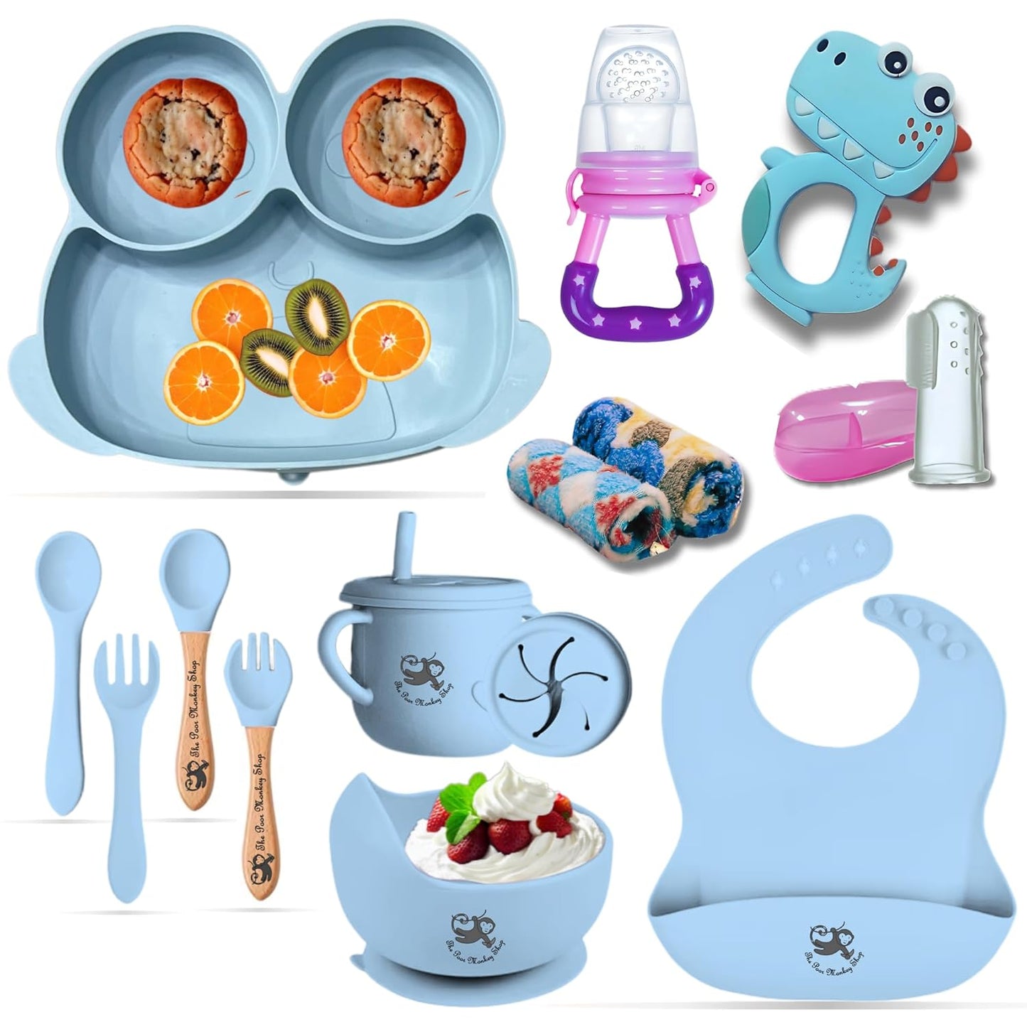 Poor-Monkey-Shop 15 Pc Baby Feeding Set | BPA-Free Food-Grade Silicone | Bib, Whale Shaped Suction Plate, Suction Bowl, Forks & Spoons, Cup, Fruit Feeder, and Much More | Safe for Babies & Toddlers