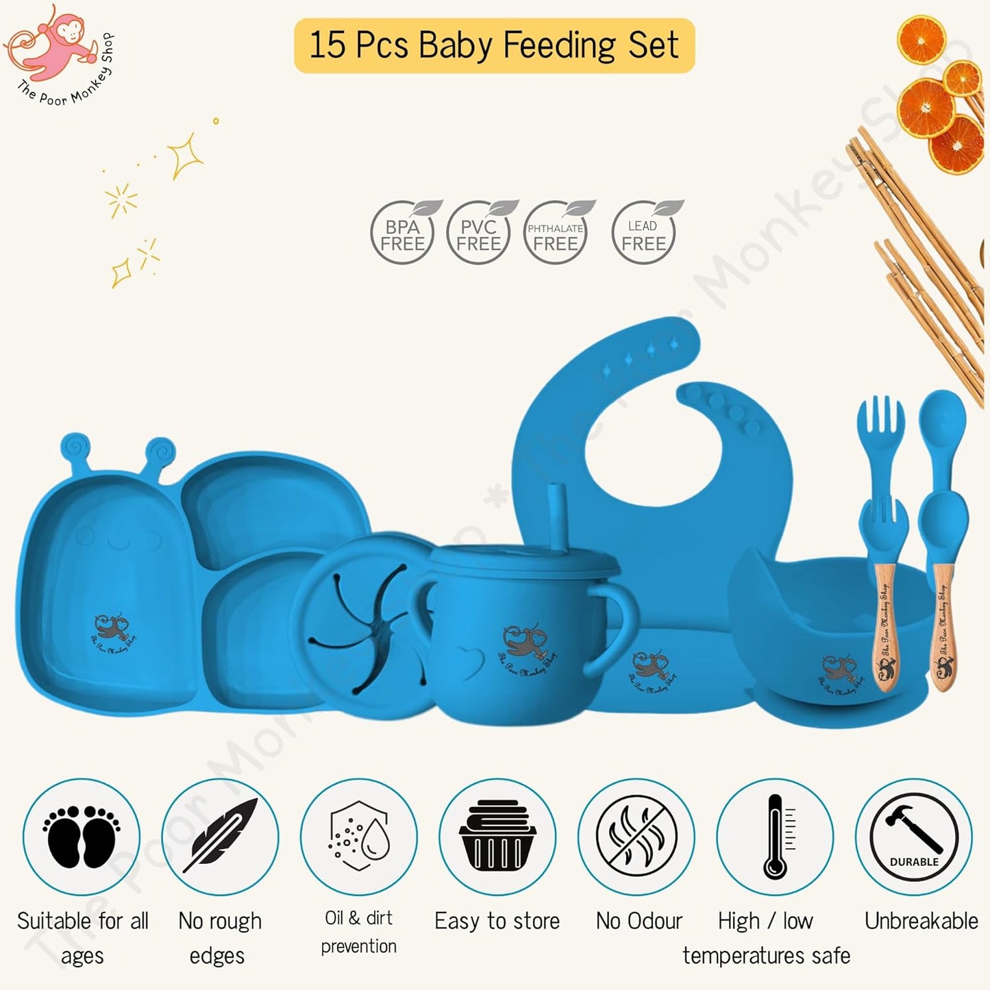 Poor-Monkey-Shop 15 Pc Baby Feeding Set | BPA-Free Food-Grade Silicone | Bib, Whale Shaped Suction Plate, Suction Bowl, Forks & Spoons, Cup, Fruit Feeder, and Much More | Safe for Babies & Toddlers