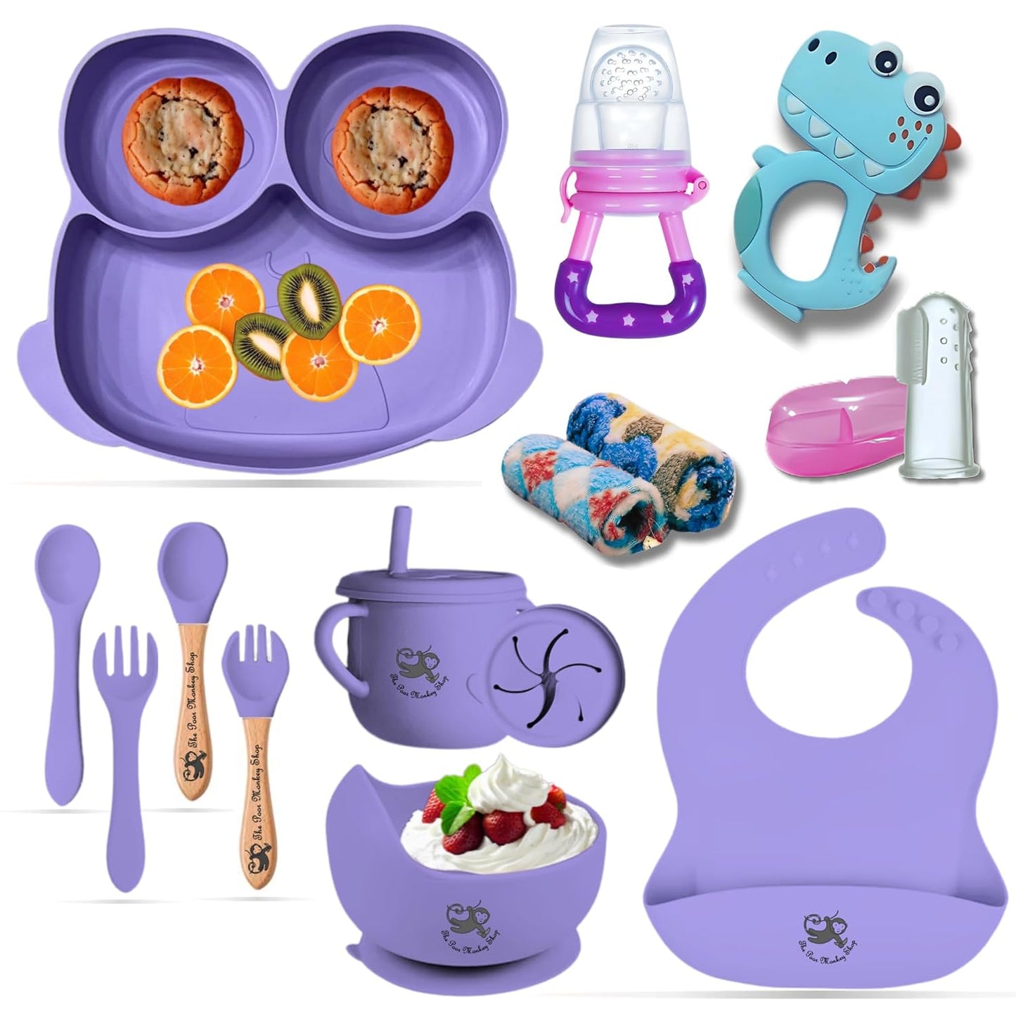 Poor-Monkey-Shop 15 Pc Baby Feeding Set | BPA-Free Food-Grade Silicone | Bib, Whale Shaped Suction Plate, Suction Bowl, Forks & Spoons, Cup, Fruit Feeder, and Much More | Safe for Babies & Toddlers