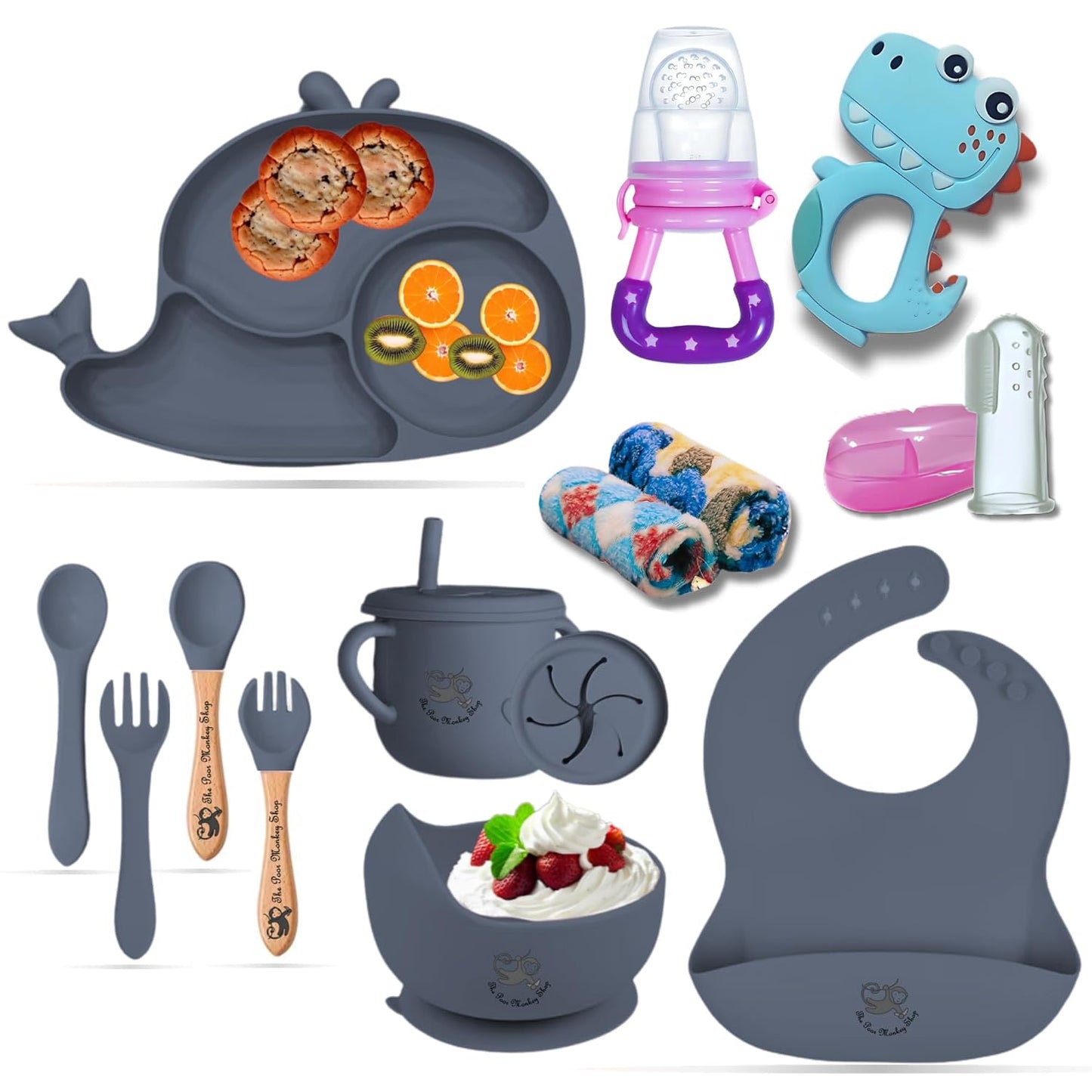 Poor-Monkey-Shop 15 Pc Baby Feeding Set | BPA-Free Food-Grade Silicone | Bib, Whale Shaped Suction Plate, Suction Bowl, Forks & Spoons, Cup, Fruit Feeder, and Much More | Safe for Babies & Toddlers