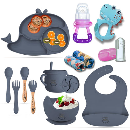 Poor-Monkey-Shop 15 Pc Baby Feeding Set | BPA-Free Food-Grade Silicone | Bib, Whale Shaped Suction Plate, Suction Bowl, Forks & Spoons, Cup, Fruit Feeder, and Much More | Safe for Babies & Toddlers