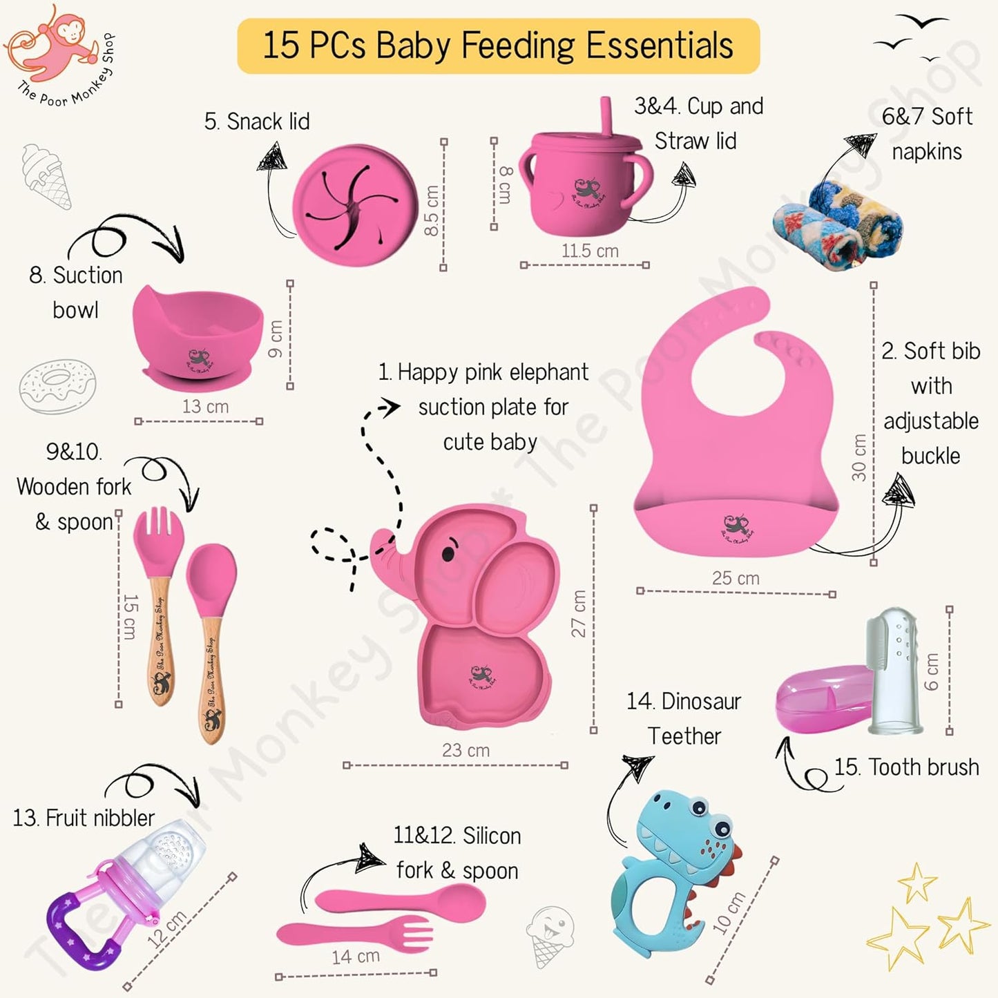 Poor-Monkey-Shop 15 Pc Baby Feeding Set | BPA-Free Food-Grade Silicone | Bib, Whale Shaped Suction Plate, Suction Bowl, Forks & Spoons, Cup, Fruit Feeder, and Much More | Safe for Babies & Toddlers