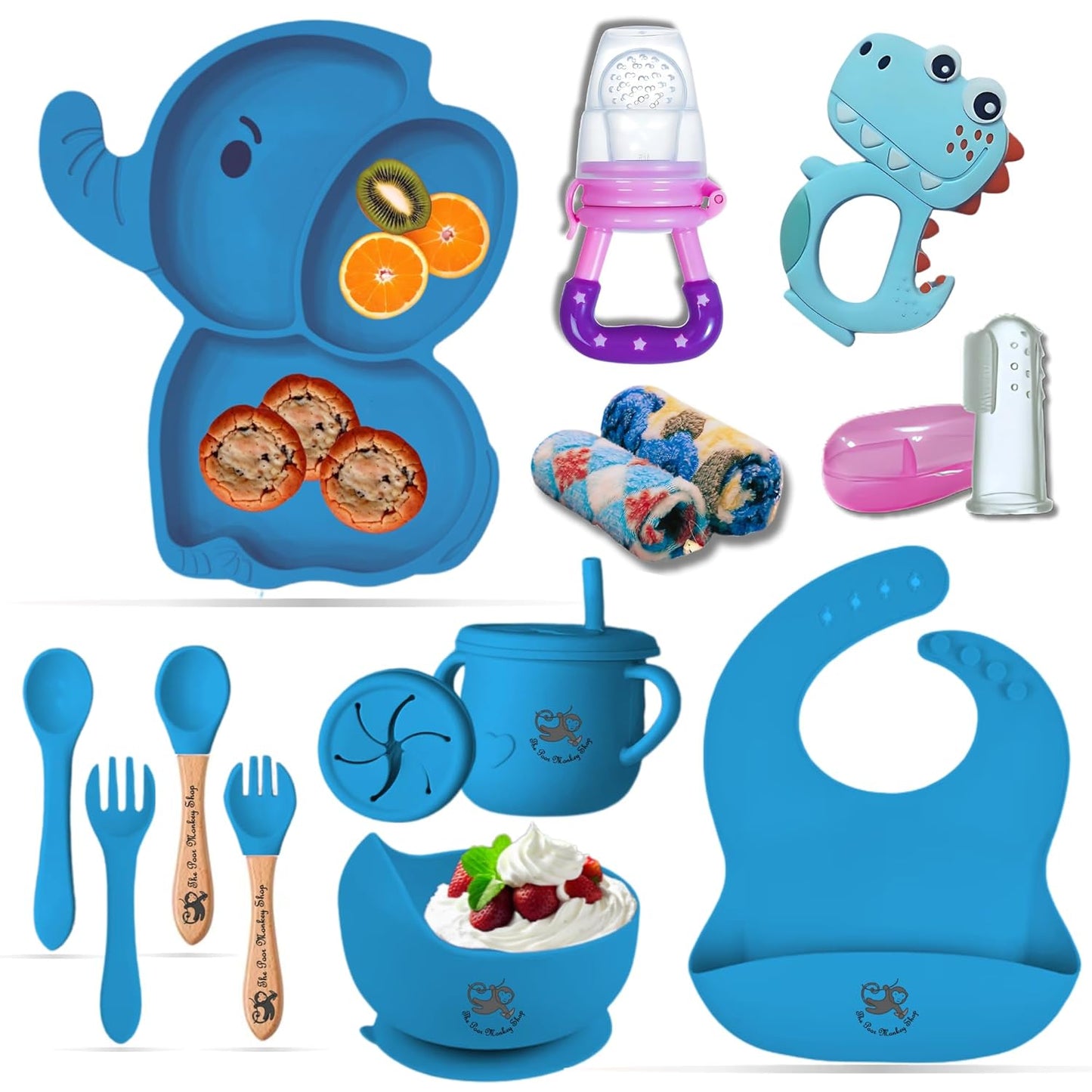 Poor-Monkey-Shop 15 Pc Baby Feeding Set | BPA-Free Food-Grade Silicone | Bib, Whale Shaped Suction Plate, Suction Bowl, Forks & Spoons, Cup, Fruit Feeder, and Much More | Safe for Babies & Toddlers