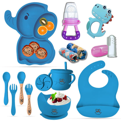 Poor-Monkey-Shop 15 Pc Baby Feeding Set | BPA-Free Food-Grade Silicone | Bib, Whale Shaped Suction Plate, Suction Bowl, Forks & Spoons, Cup, Fruit Feeder, and Much More | Safe for Babies & Toddlers