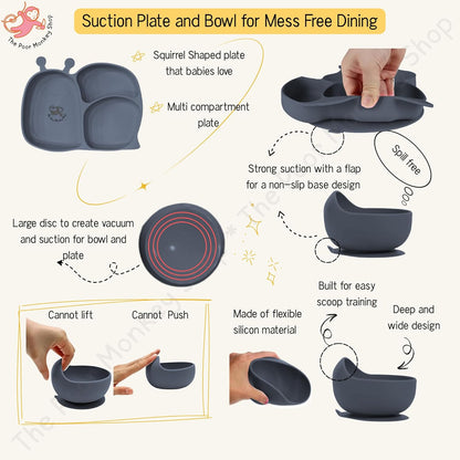 Poor-Monkey-Shop 15 Pc Baby Feeding Set | BPA-Free Food-Grade Silicone | Bib, Whale Shaped Suction Plate, Suction Bowl, Forks & Spoons, Cup, Fruit Feeder, and Much More | Safe for Babies & Toddlers