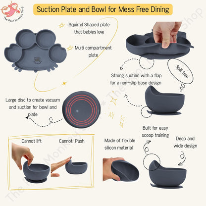 Poor-Monkey-Shop 15 Pc Baby Feeding Set | BPA-Free Food-Grade Silicone | Bib, Whale Shaped Suction Plate, Suction Bowl, Forks & Spoons, Cup, Fruit Feeder, and Much More | Safe for Babies & Toddlers