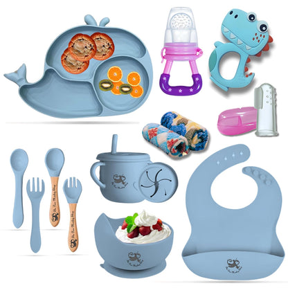 Poor-Monkey-Shop 15 Pc Baby Feeding Set | BPA-Free Food-Grade Silicone | Bib, Whale Shaped Suction Plate, Suction Bowl, Forks & Spoons, Cup, Fruit Feeder, and Much More | Safe for Babies & Toddlers