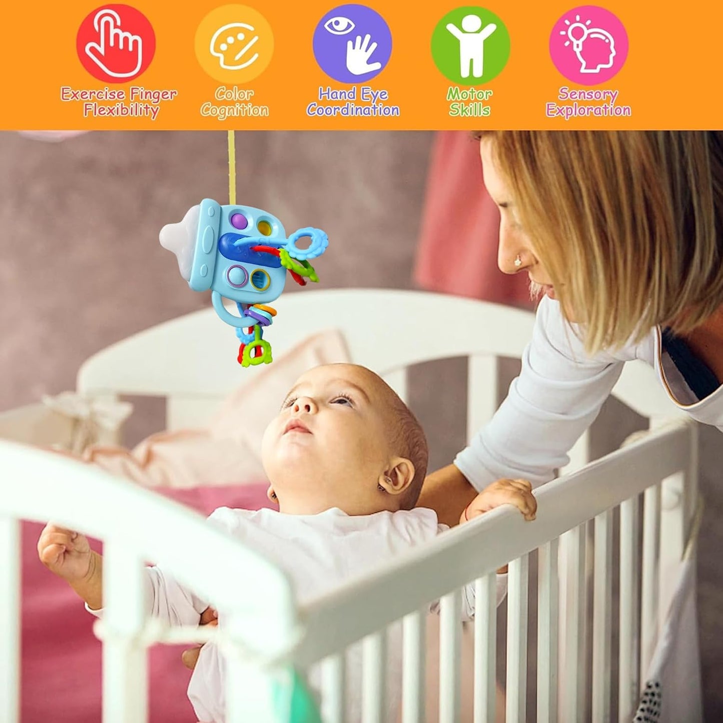 Kidology Pull String Teething Toy for Babies 6+ Months | Sensory Teether & Fine Motor Skills Activity | Montessori Toys for Baby Girls & Boys | Travel-Friendly, Food-Grade Silicone for Toddlers | UFO