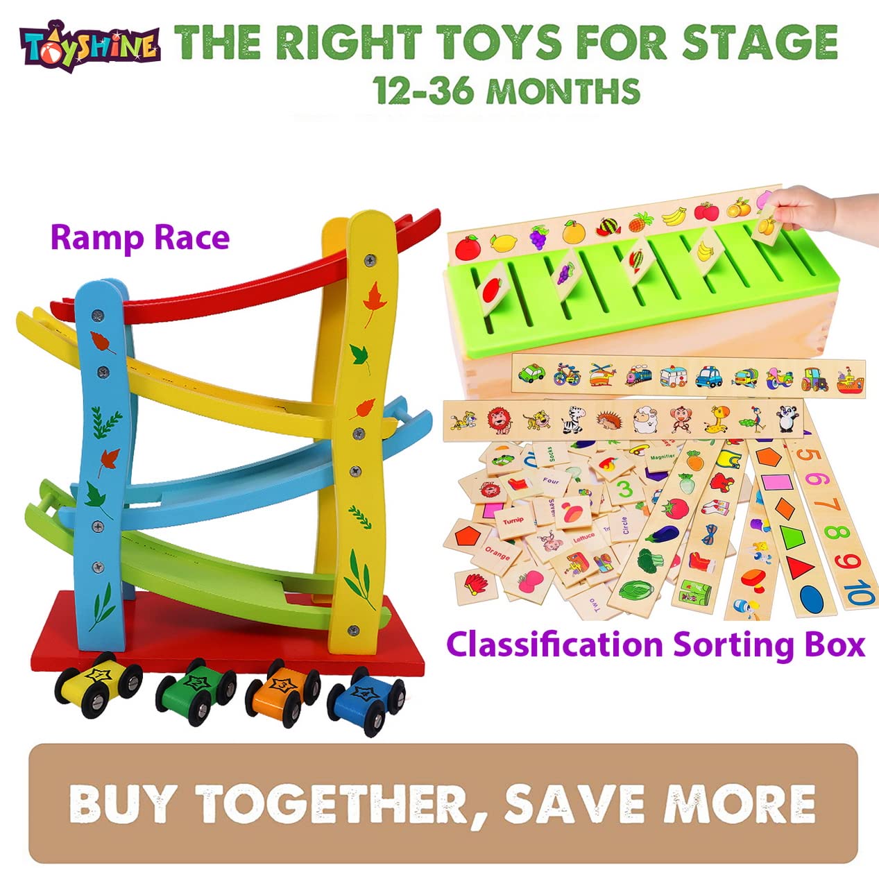 Toyshine Pack of 2 Wooden Monstessori Box | Wooden Classification Box and Ramp Race | Gift Present for 2-5 Years Boy Girl Toddler Toy