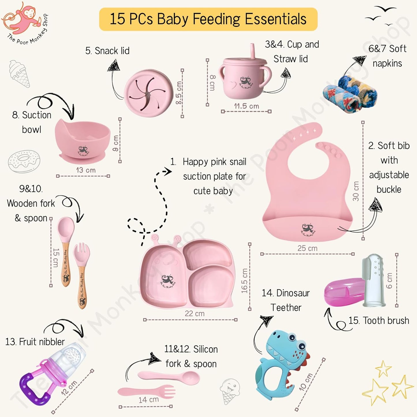 Poor-Monkey-Shop 15 Pc Baby Feeding Set | BPA-Free Food-Grade Silicone | Bib, Whale Shaped Suction Plate, Suction Bowl, Forks & Spoons, Cup, Fruit Feeder, and Much More | Safe for Babies & Toddlers
