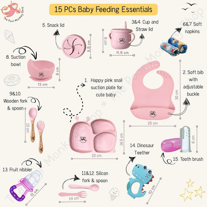 Poor-Monkey-Shop 15 Pc Baby Feeding Set | BPA-Free Food-Grade Silicone | Bib, Whale Shaped Suction Plate, Suction Bowl, Forks & Spoons, Cup, Fruit Feeder, and Much More | Safe for Babies & Toddlers