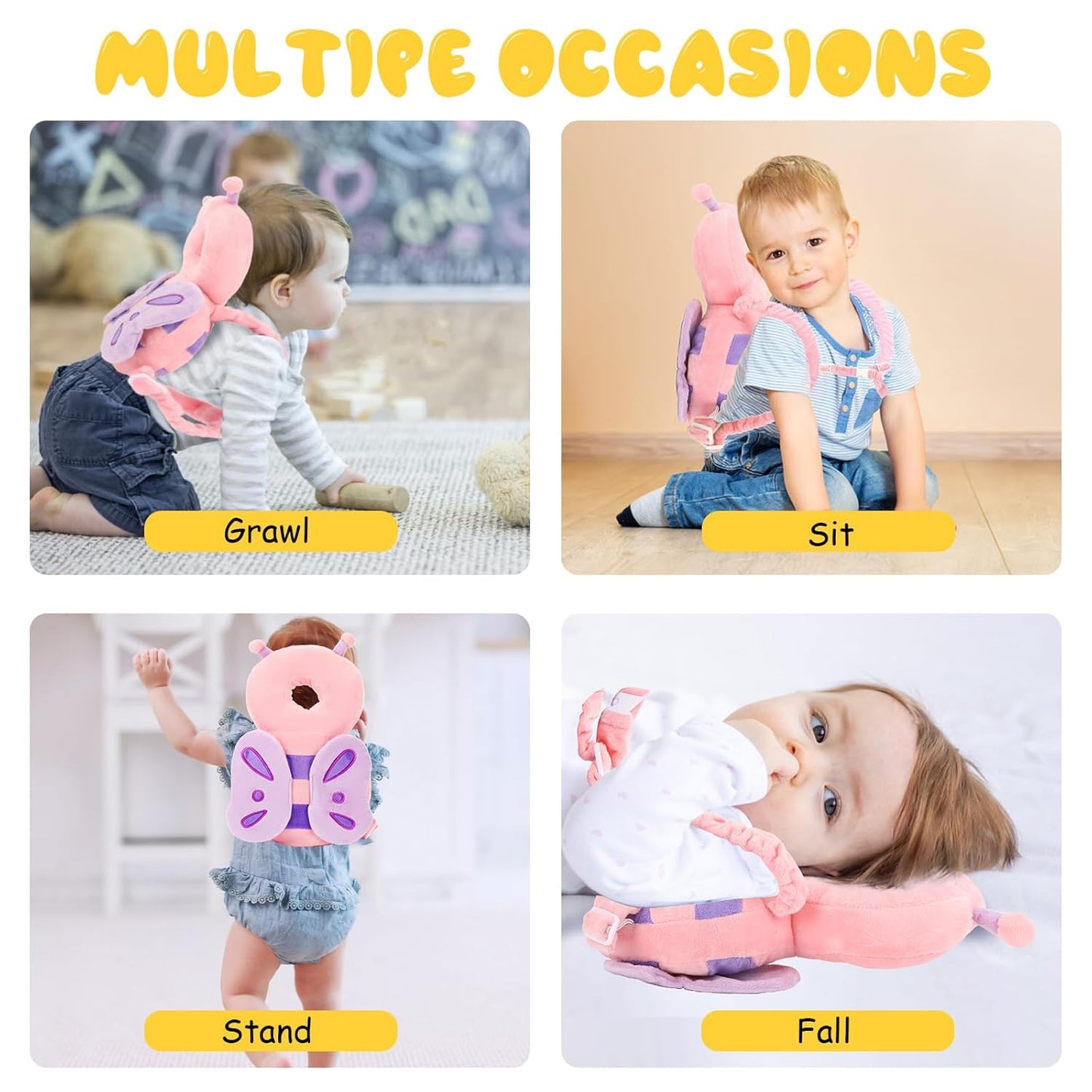 Baby Head Protection Backpack - Soft & Comfortable, Cute Cartoon Design, Pink Butterfly