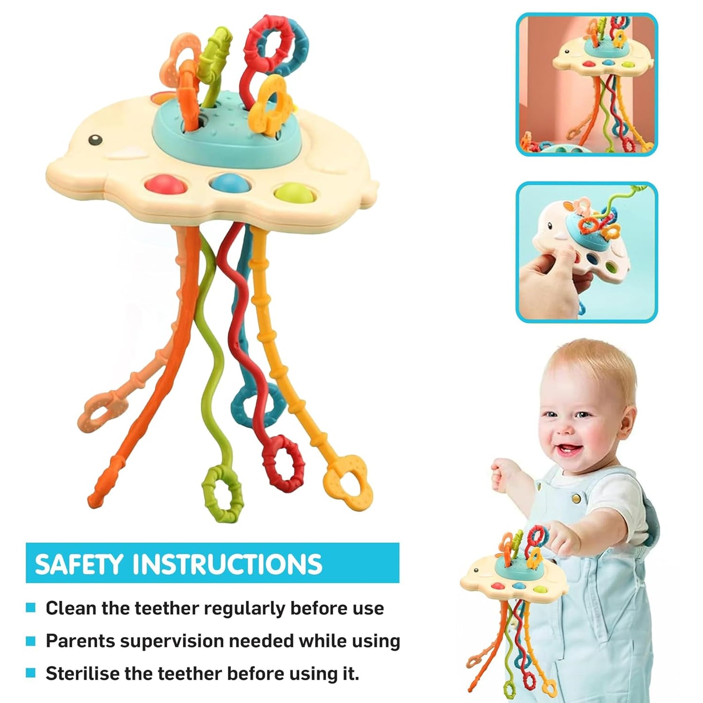 Kidology Pull String Teething Toy for Babies 6+ Months | Sensory Teether & Fine Motor Skills Activity | Montessori Toys for Baby Girls & Boys | Travel-Friendly, Food-Grade Silicone for Toddlers | UFO