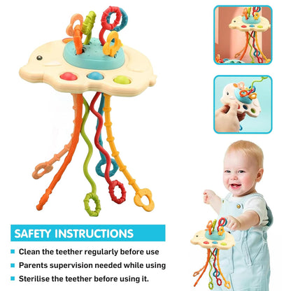 Kidology Pull String Teething Toy for Babies 6+ Months | Sensory Teether & Fine Motor Skills Activity | Montessori Toys for Baby Girls & Boys | Travel-Friendly, Food-Grade Silicone for Toddlers | UFO