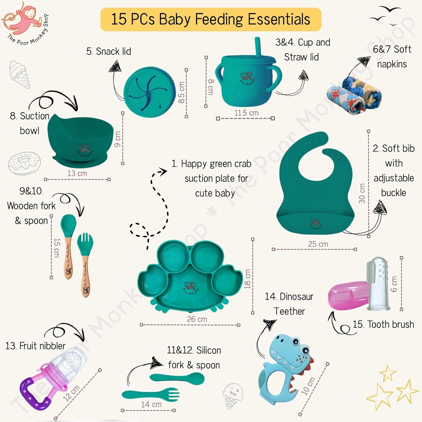 Poor-Monkey-Shop 15 Pc Baby Feeding Set | BPA-Free Food-Grade Silicone | Bib, Whale Shaped Suction Plate, Suction Bowl, Forks & Spoons, Cup, Fruit Feeder, and Much More | Safe for Babies & Toddlers