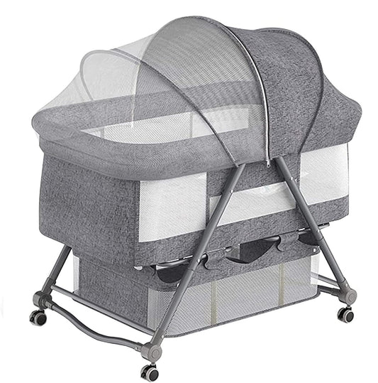 House of Quirk Cradle Crib Baby Rack, Foldable, No Assembly Required, Comes With Casters, Convenient Storage, Adjustable, Breathable, Washable, Newborn 0 Months And Up,(93 X 55 X 77 Cm, Grey) Aluminum