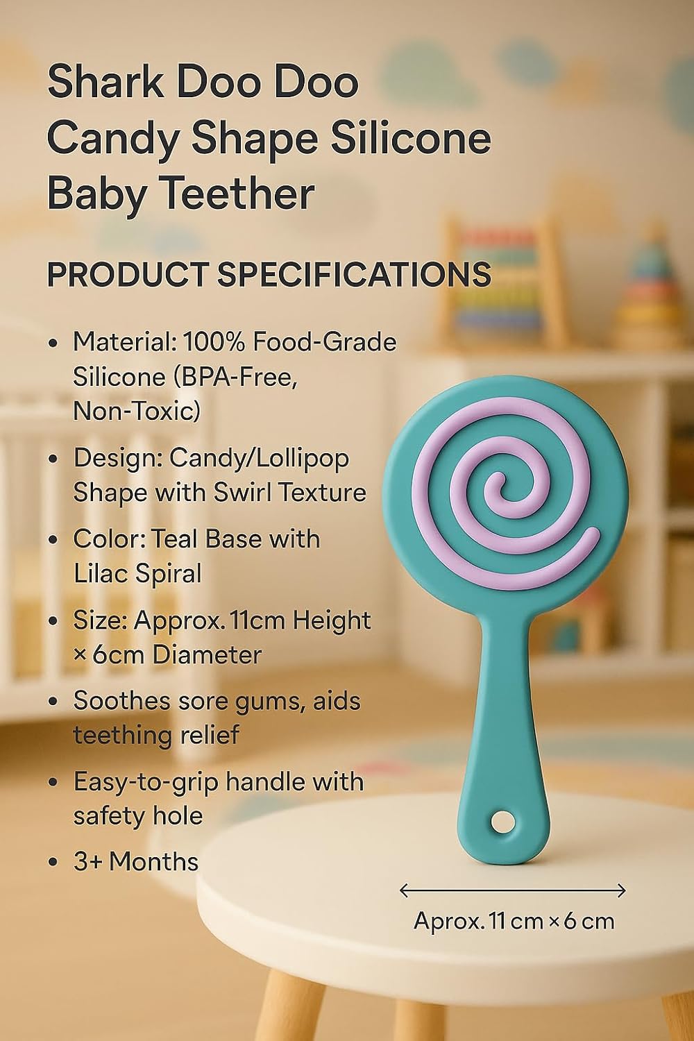 Shark Doo Doo® Teether Toy for 2+ Months Baby (Sun Teether) – BPA-Free Silicone Teether for Infants & Toddlers – Soft, Textured, Gum Soothing – Safe, One-Piece Mold for Teething Relief