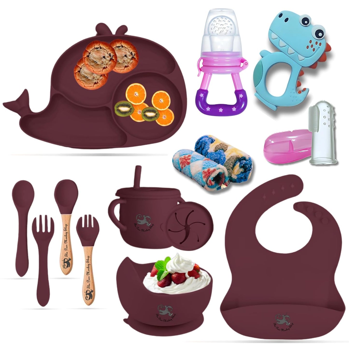 Poor-Monkey-Shop 15 Pc Baby Feeding Set | BPA-Free Food-Grade Silicone | Bib, Whale Shaped Suction Plate, Suction Bowl, Forks & Spoons, Cup, Fruit Feeder, and Much More | Safe for Babies & Toddlers