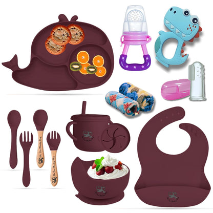 Poor-Monkey-Shop 15 Pc Baby Feeding Set | BPA-Free Food-Grade Silicone | Bib, Whale Shaped Suction Plate, Suction Bowl, Forks & Spoons, Cup, Fruit Feeder, and Much More | Safe for Babies & Toddlers