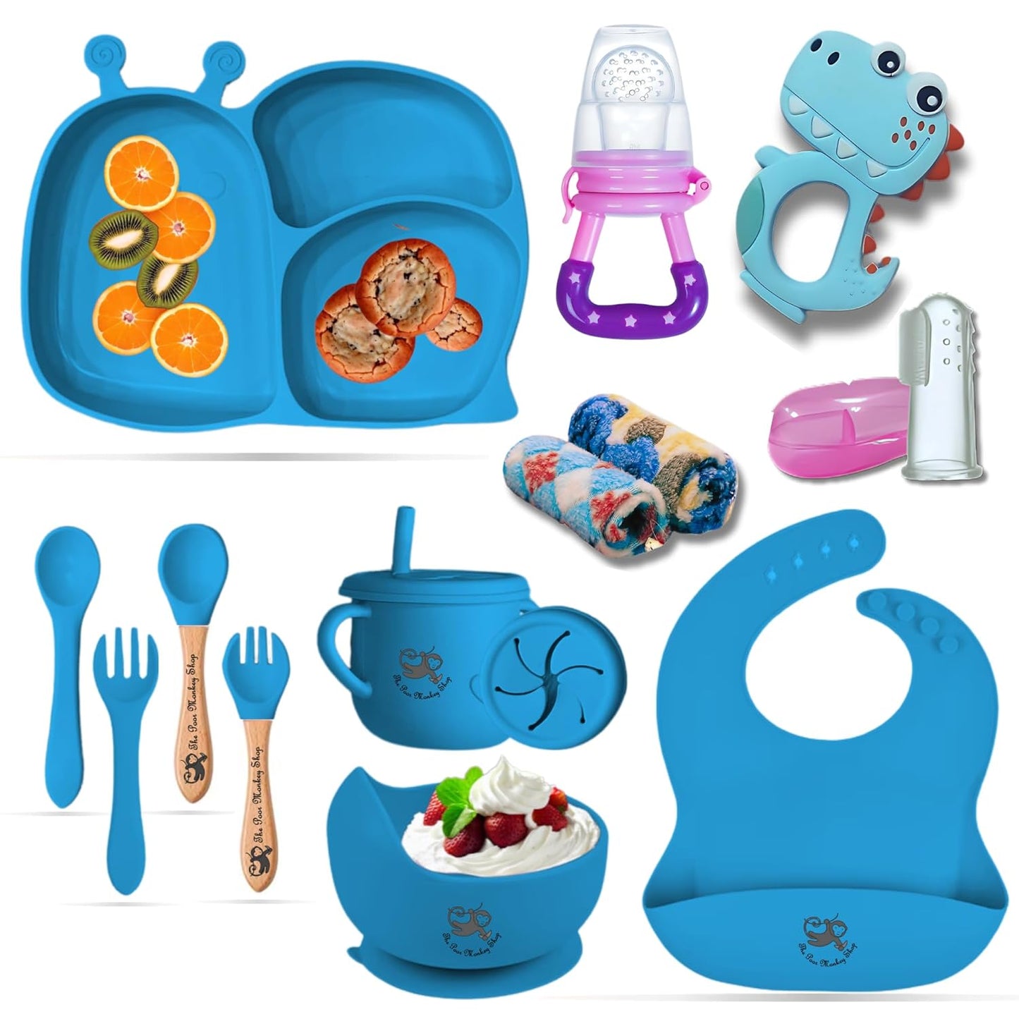 Poor-Monkey-Shop 15 Pc Baby Feeding Set | BPA-Free Food-Grade Silicone | Bib, Whale Shaped Suction Plate, Suction Bowl, Forks & Spoons, Cup, Fruit Feeder, and Much More | Safe for Babies & Toddlers