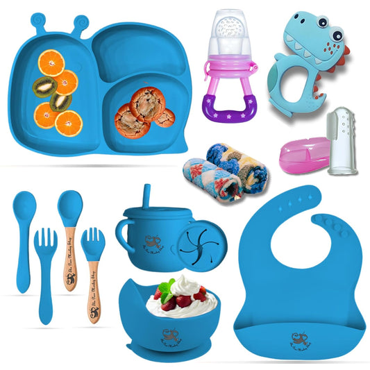 Poor-Monkey-Shop 15 Pc Baby Feeding Set | BPA-Free Food-Grade Silicone | Bib, Whale Shaped Suction Plate, Suction Bowl, Forks & Spoons, Cup, Fruit Feeder, and Much More | Safe for Babies & Toddlers