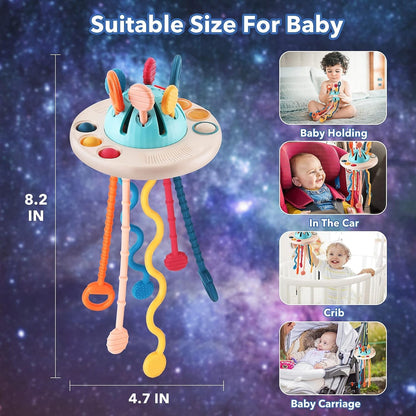 Kidology Pull String Teething Toy for Babies 6+ Months | Sensory Teether & Fine Motor Skills Activity | Montessori Toys for Baby Girls & Boys | Travel-Friendly, Food-Grade Silicone for Toddlers | UFO