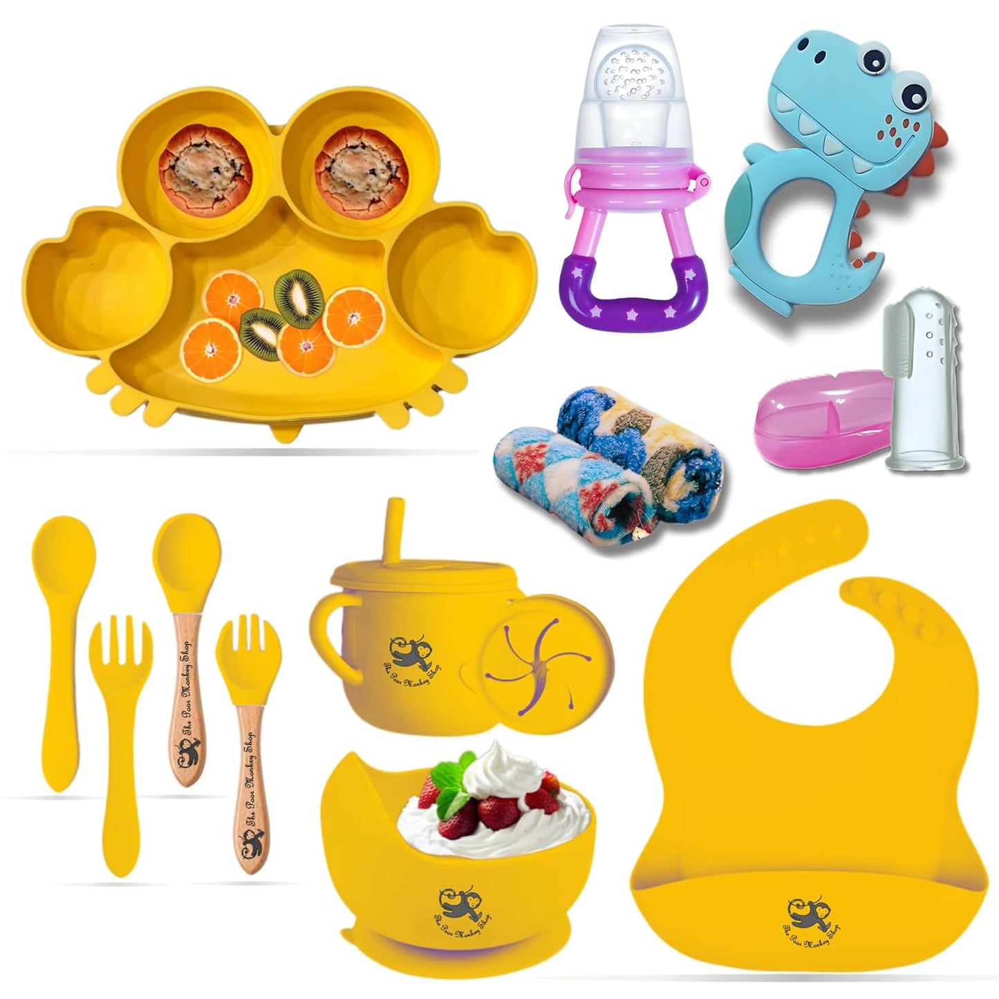 Poor-Monkey-Shop 15 Pc Baby Feeding Set | BPA-Free Food-Grade Silicone | Bib, Whale Shaped Suction Plate, Suction Bowl, Forks & Spoons, Cup, Fruit Feeder, and Much More | Safe for Babies & Toddlers