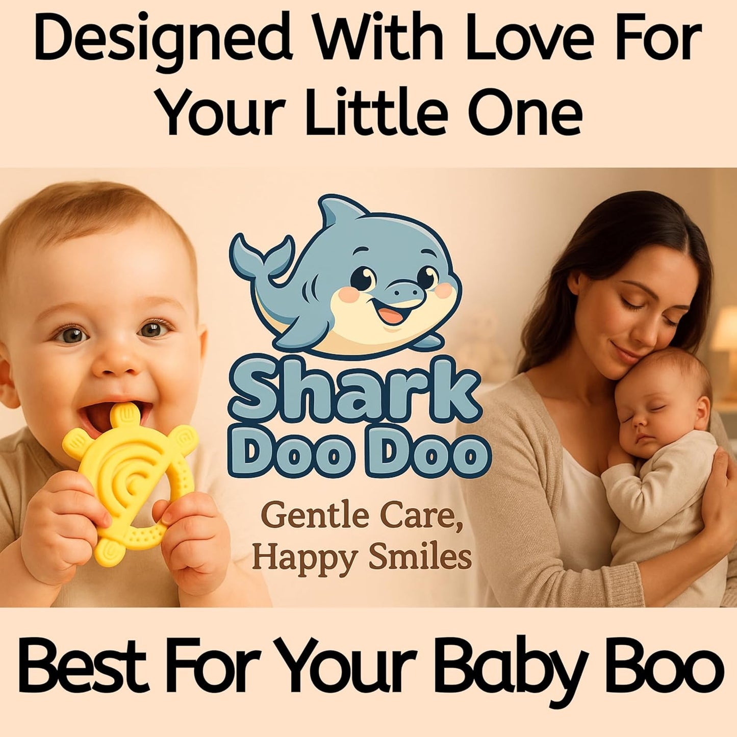 Shark Doo Doo® Teether Toy for 2+ Months Baby (Sun Teether) – BPA-Free Silicone Teether for Infants & Toddlers – Soft, Textured, Gum Soothing – Safe, One-Piece Mold for Teething Relief