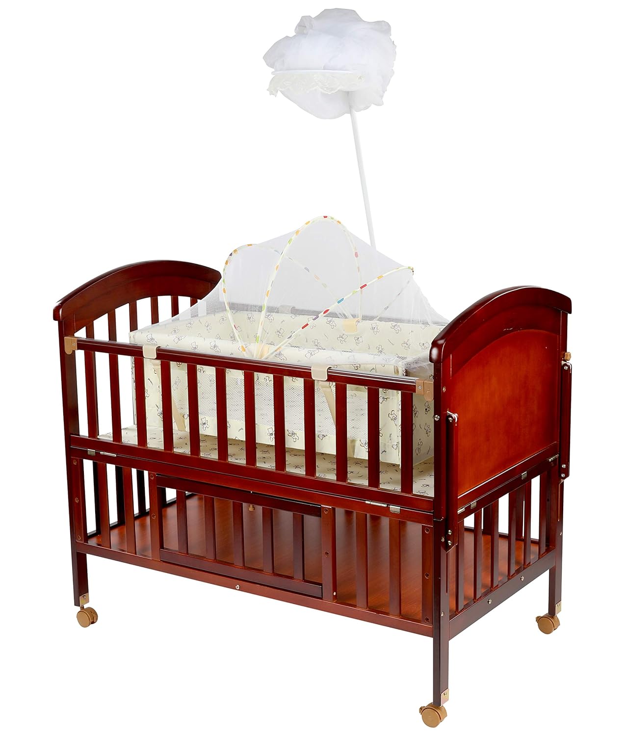 LuvLap C-50 Baby Wooden Cot with Mosquito Net, EN certified Baby Furniture suitable for new born to 12 month, without mattress (Cherry Red)