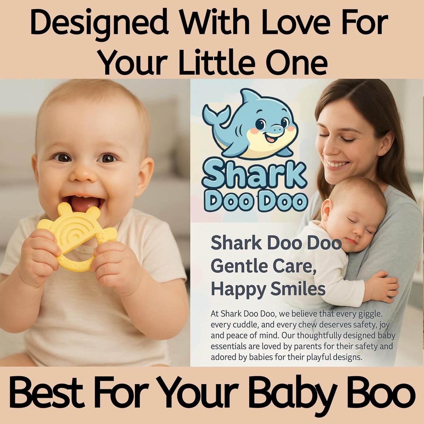 Shark Doo Doo® Teether Toy for 2+ Months Baby (Sun Teether) – BPA-Free Silicone Teether for Infants & Toddlers – Soft, Textured, Gum Soothing – Safe, One-Piece Mold for Teething Relief
