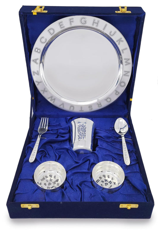 BENGALEN Silver Plated Dinner Set with Grey Velvet Gift Box for Baby Rice Ceremony Annaprashan Sanskar Gifts for Boys Girls Birthday Return Festive Home Decorative Items